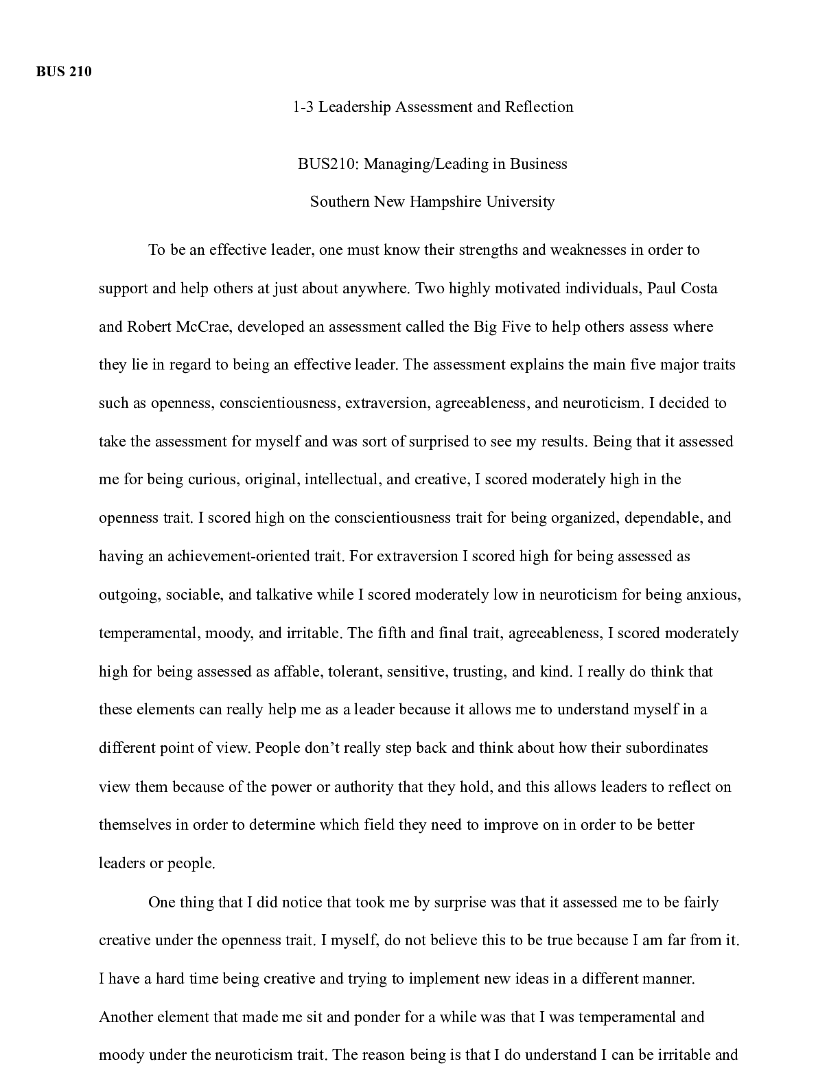 Preview image for BUS210 Leadership Asses and Reflection.docx  BUS 210  1-3 Leadership Assessment and Reflec